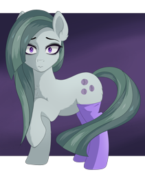 Size: 1352x1600 | Tagged: safe, artist:nathayro37, marble pie, earth pony, pony, chest fluff, clothes, cute, female, long socks, looking at you, marblebetes, mare, nervous, purple background, raised hoof, simple background, socks, solo, surprised, thigh highs