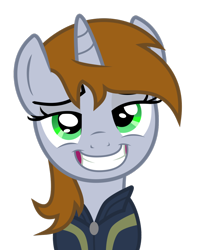 Size: 900x1135 | Tagged: safe, artist:brisineo, oc, oc only, oc:littlepip, pony, unicorn, fallout equestria, clothes, fanfic, fanfic art, female, grin, horn, mare, simple background, solo, transparent background, vault suit, vector