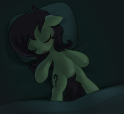 Size: 1949x1804 | Tagged: safe, artist:pestil, oc, oc:anon filly, earth pony, pony, bed, blanket, cute, dawwww, drool, eyes closed, female, filly, lying down, on back, open mouth, pillow, sleeping
