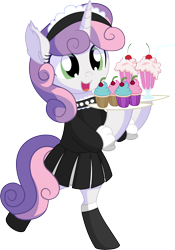 Size: 5416x7740 | Tagged: safe, artist:cyanlightning, sweetie belle, pony, unicorn, .svg available, absurd resolution, bipedal, clothes, cupcake, cute, dress, ear fluff, female, filly, food, maid, milkshake, simple background, socks, solo, stockings, thigh highs, transparent background, vector