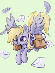 Size: 1200x1600 | Tagged: safe, artist:noupie, derpy hooves, pegasus, pony, cute, derpabetes, digital art, feather, female, flying, letter, mare, saddle bag, simple background, solo