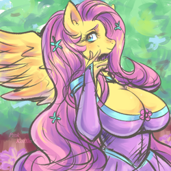 Size: 1000x1000 | Tagged: safe, artist:pinkkoffin, fluttershy, anthro, pegasus, adorasexy, beautiful, beautisexy, big breasts, blushing, breasts, cleavage, clothes, cute, digital art, dress, evening gloves, female, fingerless gloves, gloves, hootershy, huge breasts, long gloves, looking at you, mare, sexy, smiling, solo, spread wings, wings