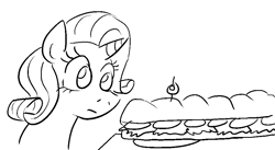 Size: 923x505 | Tagged: safe, artist:jargon scott, rarity, pony, unicorn, black and white, food, grayscale, monochrome, rarity looking at food, sandwich, solo