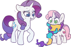 Size: 1109x735 | Tagged: safe, artist:dawnfire, rarity, sweetie belle, pony, unicorn, on your marks, backwards cutie mark, clothes, colored pupils, cute, cutie mark, fake smile, raised hoof, scarf, simple background, smiling, sweat, sweetie fail, the cmc's cutie marks, transparent background
