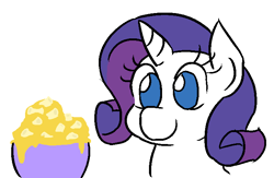 Size: 708x462 | Tagged: safe, artist:jargon scott, rarity, pony, unicorn, cheese, food, macaroni, macaroni and cheese, pasta, rarity looking at food, solo