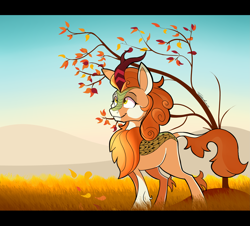 Size: 3977x3597 | Tagged: safe, artist:tehshockwave, autumn blaze, kirin, autumn, female, leaves, looking up, quadrupedal, smiling, solo, tree
