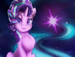 Size: 2629x2000 | Tagged: safe, artist:light262, edit, starlight glimmer, crystal pony, pony, unicorn, chest fluff, crystallized, cute, cutie mark background, female, glimmerbetes, looking at you, mare, sitting, solo, stars