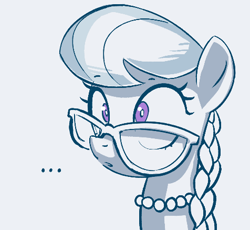 Size: 476x437 | Tagged: safe, artist:pestil, silver spoon, earth pony, pony, ..., braid, bust, confused, explicit source, female, filly, glasses, jewelry, monochrome, necklace, pearl necklace, portrait, simple background, solo, white background