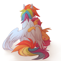 Size: 2785x2777 | Tagged: safe, artist:1an1, rainbow dash, scootaloo, pegasus, pony, back, backwards cutie mark, behind, crying, cutie mark, digital art, duo, female, filly, gradient background, hug, mare, scar, scootalove, wings