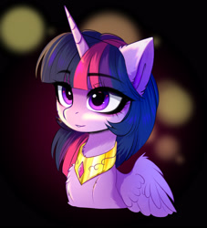 Size: 2556x2820 | Tagged: safe, artist:empress-twilight, twilight sparkle, twilight sparkle (alicorn), alicorn, pony, bust, cheek fluff, chest fluff, collar, cute, ear fluff, eye clipping through hair, female, high res, i can't believe it's not magnaluna, jewelry, mare, neck fluff, necklace, solo, style emulation, twiabetes, wing fluff