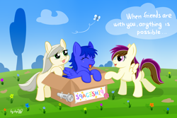 Size: 2304x1536 | Tagged: safe, artist:dsp2003, oc, oc only, butterfly, earth pony, pegasus, pony, 2014, cardboard box, filly