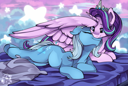 Size: 1107x750 | Tagged: safe, artist:breioom, starlight glimmer, trixie, alicorn, pony, unicorn, alicornified, bed, cloud, commission, couple, cuddling, female, lesbian, mare, pregnant, princess starlight glimmer, race swap, shipping, starlicorn, stars, startrix