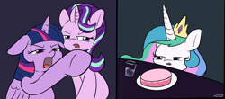 Size: 2440x1076 | Tagged: safe, artist:taurson, princess celestia, starlight glimmer, twilight sparkle, twilight sparkle (alicorn), alicorn, pony, unicorn, cake, confused, digital art, female, floppy ears, food, glass of water, jewelry, lidded eyes, mare, meme, open mouth, plate, pointing, ponified meme, raised hoof, regalia, woman yelling at a cat