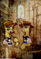 Size: 700x997 | Tagged: safe, artist:foxinshadow, flam, flim, pony, unicorn, brothers, duo, flim flam brothers, male, stallion, steampunk