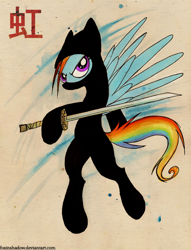 Size: 686x900 | Tagged: safe, artist:foxinshadow, rainbow dash, pegasus, pony, abstract background, clothes, costume, female, mare, ninja, simple background, solo, sword, weapon