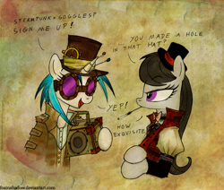 Size: 900x764 | Tagged: safe, artist:foxinshadow, dj pon-3, octavia melody, vinyl scratch, earth pony, pony, unicorn, cigarette, cigarette holder, clothes, dialogue, duo, hat, steampunk, top hat