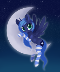 Size: 1856x2232 | Tagged: safe, artist:dusthiel, princess luna, alicorn, pony, blushing, clothes, crescent moon, cute, cutie mark, ethereal mane, ethereal tail, female, looking at you, lunabetes, moon, on the moon, smiling, socks, solo, striped socks, tangible heavenly object, transparent moon