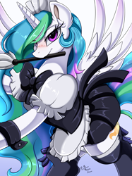 Size: 2595x3472 | Tagged: safe, artist:pridark, princess celestia, alicorn, pony, blushing, bow, clothes, cuffs (clothes), cutie mark, duster, female, leg band, lidded eyes, looking at you, maid, maid headdress, mare, mouth hold, patreon, patreon reward, rearing, smiling, socks, solo, spread wings, thigh highs, wings