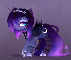 Size: 2750x2319 | Tagged: safe, artist:magnaluna, princess luna, alicorn, pony, chest fluff, clothes, collar, cute, digital art, ear fluff, ethereal mane, eye clipping through hair, female, goth, hoof shoes, horn, horn jewelry, jewelry, leg fluff, lunabetes, mare, socks, spiked collar, striped socks, wing fluff, wing jewelry