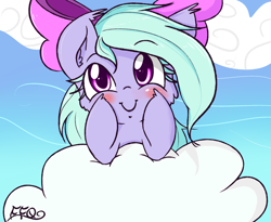 Size: 2000x1636 | Tagged: safe, artist:freefraq, flitter, blushing, bow, cheek fluff, cloud, cute, ear fluff, flitterbetes, freefraq is trying to murder us, hair bow, heart eyes, looking at you, prone, smiling, solo, wingding eyes