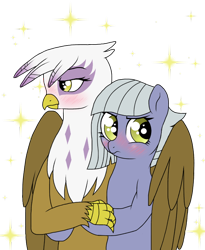 Size: 640x779 | Tagged: safe, artist:unoriginai, gilda, limestone pie, griffon, pony, bipedal, blushing, crack shipping, embrace, female, gildastone, gildere, hug, interspecies, lesbian, limetsun pie, shipping, simple background, transparent background, tsundere, winghug