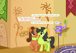 Size: 2548x1778 | Tagged: safe, artist:dsp2003, oc, oc only, earth pony, owl, pony, unicorn, 2014, book, comic, commission, cutie mark, glasses, open mouth, pencil, plant, pun, tongue out