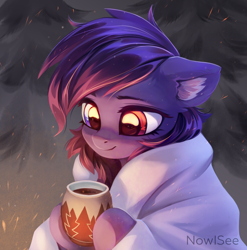 Size: 2912x2948 | Tagged: safe, artist:inowiseei, oc, oc only, oc:pestyskillengton, pony, commission, cozy, cup, cute, drink, ear fluff, female, heterochromia, high res, hoof hold, hot chocolate, mare, ocbetes, smiling, snow, solo, tree