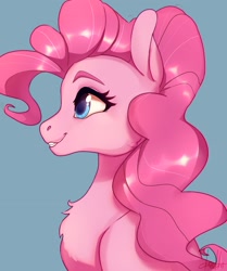 Size: 1500x1792 | Tagged: safe, artist:dumddeer, pinkie pie, earth pony, pony, blue background, bust, chest fluff, cute, diapinkes, female, mare, portrait, profile, simple background, smiling, solo