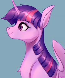 Size: 1500x1792 | Tagged: safe, artist:dumddeer, twilight sparkle, twilight sparkle (alicorn), alicorn, pony, blue background, cheek fluff, chest fluff, curved horn, female, horn, mare, profile, simple background, smiling, solo