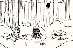 Size: 900x600 | Tagged: safe, artist:whydomenhavenipples, oc, oc only, oc:deep blue, /mlp/, book, campfire, cauldron, chest, cyoa, foal quest, forest, level up, limited palette, reading, rpg, smoke, solo, story included, trunk