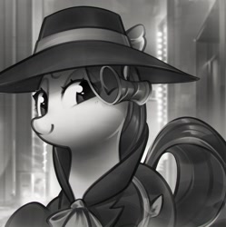 Size: 1600x1607 | Tagged: safe, artist:mirroredsea, rarity, pony, unicorn, clothes, cute, detective rarity, eye clipping through hair, female, grayscale, hat, lidded eyes, looking at you, mare, monochrome, raribetes, smiling, solo