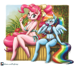 Size: 1875x1675 | Tagged: safe, artist:king-kakapo, pinkie pie, rainbow dash, anthro, earth pony, pegasus, unguligrade anthro, adorasexy, belly button, bikini, blushing, breasts, cleavage, clothes, cute, dashabetes, diapinkes, digital art, duo, eating, female, food, mare, midriff, patreon, patreon logo, popsicle, sexy, size difference, smiling, spread wings, swimsuit, tankini, wings
