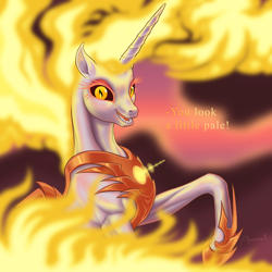 Size: 1280x1280 | Tagged: safe, artist:arareroll, daybreaker, alicorn, pony, armor, black sclera, chestplate, evil grin, fangs, female, fire, fire magic, golden eyes, grin, hoof shoes, looking at you, mane of fire, mare, missing accessory, mocking, raised hoof, slit eyes, smiling, solo, yellow text