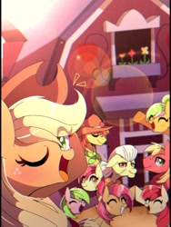 Size: 768x1024 | Tagged: safe, artist:erufi, apple bloom, applejack, babs seed, big macintosh, granny smith, earth pony, pony, apple family reunion, apple family, barn, blushing, cowboy hat, eye clipping through hair, female, filly, freckles, group, happy, hat, lens flare, male, mare, one eye closed, smiling, stallion, wink