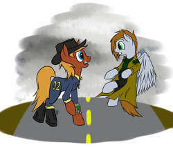 Size: 1700x1450 | Tagged: safe, artist:frecklesfanatic, oc, oc only, oc:calamity, oc:littlepip, pegasus, pony, unicorn, fallout equestria, alternate universe, alternate universe of an alternate universe, boots, clothes, dashite, fanfic, fanfic art, female, freckles, hat, hooves, horn, male, mare, pipbuck, race swap, role reversal, stallion, teeth, trenchcoat, vault suit, wings