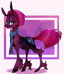 Size: 1565x1805 | Tagged: safe, artist:manella-art, fizzlepop berrytwist, tempest shadow, pony, unicorn, alternate design, broken horn, cheek fluff, clothes, eye scar, female, horn, long ears, mare, scar, scar on the wrong side, scarf, unshorn fetlocks