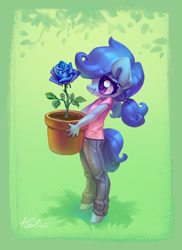 Size: 1378x1893 | Tagged: safe, artist:holivi, oc, oc only, oc:raylanda, anthro, earth pony, pony, unguligrade anthro, anthro oc, blue rose, clothes, commission, cute, daaaaaaaaaaaw, female, flower, holding, jeans, looking at something, ocbetes, pants, ponytail, pot, potted plant, rose, shirt, smiling, solo, t-shirt, younger