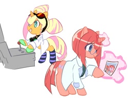 Size: 865x684 | Tagged: safe, artist:miyako_rinrin, pony, unicorn, clothes, duo, female, glasses, goggles, grin, heris ardebit, lab coat, lucia fex, magic, ponified, promare, simple background, smiling, socks, striped socks, telekinesis, white background