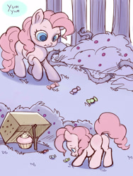 Size: 1200x1600 | Tagged: safe, artist:noupie, pinkie pie, earth pony, pony, aweeg*, box, bush, candy, cardboard box, colored pupils, cupcake, cute, diapinkes, digital art, female, food, mare, ooh a piece of candy, solo, stick, trap (device)