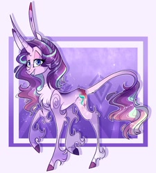 Size: 1024x1137 | Tagged: safe, artist:manella-art, starlight glimmer, classical unicorn, pony, unicorn, alternate hairstyle, chest fluff, cloven hooves, female, grin, hoof fluff, impossibly long ears, leonine tail, long feather, looking at you, mare, raised leg, smiling, solo, unshorn fetlocks