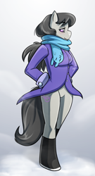 Size: 955x1763 | Tagged: safe, artist:3mangos, edit, octavia melody, anthro, unguligrade anthro, clothes, coat, explicit source, featureless crotch, scarf, solo