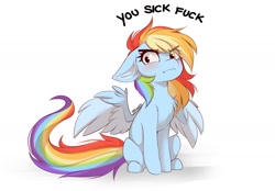 Size: 1840x1280 | Tagged: safe, artist:teranen, rainbow dash, pegasus, pony, angry, blushing, chest fluff, disgusted, ear fluff, expressions, eye clipping through hair, female, floppy ears, glare, mare, reaction image, simple background, sitting, sketch, solo, spread wings, swearing, three quarter view, two toned wings, vulgar, white background, wing fluff, wings