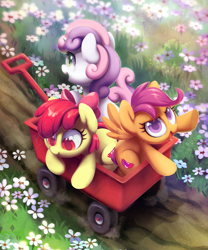 Size: 1650x1981 | Tagged: safe, artist:dawnfire, apple bloom, scootaloo, sweetie belle, earth pony, pegasus, pony, unicorn, adorabloom, bow, colored pupils, cute, cutealoo, cutie mark, cutie mark crusaders, daaaaaaaaaaaw, diasweetes, female, filly, flower, hair bow, open mouth, print, scenery, smiling, the cmc's cutie marks, wagon