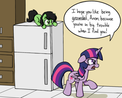 Size: 1000x800 | Tagged: safe, artist:skitter, twilight sparkle, twilight sparkle (alicorn), oc, oc:anon, oc:anon filly, alicorn, pony, angry, cabinet, cute, dialogue, drawer, female, grounded, hiding, kitchen, mare, open mouth, refrigerator, speech bubble, yelling