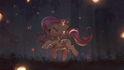 Size: 2201x1239 | Tagged: safe, artist:mirroredsea, fluttershy, firefly (insect), insect, pegasus, pony, cute, eyes closed, female, filly, filly fluttershy, folded wings, forest, night, open mouth, outdoors, prancing, profile, scenery, shyabetes, smiling, solo, tree, wings, younger