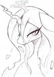 Size: 1431x2048 | Tagged: safe, artist:91o42, queen chrysalis, changeling, changeling queen, bedroom eyes, black and white, bust, female, floating heart, grayscale, heart, monochrome, portrait, simple background, tongue out, white background