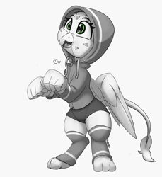 Size: 2067x2257 | Tagged: safe, artist:pabbley, gabby, griffon, bipedal, clothes, cute, female, gabbybetes, happy, hoodie, leg warmers, partial color, shorts, socks, solo