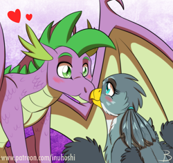 Size: 1200x1134 | Tagged: safe, artist:inuhoshi-to-darkpen, gabby, spike, dragon, griffon, blushing, boop, chest fluff, digital art, eye contact, female, heart, looking at each other, male, noseboop, older, older spike, shipping, smiling, spabby, straight, winged spike