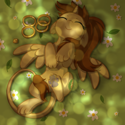 Size: 4000x4000 | Tagged: safe, artist:wingedwolf94, part of a set, oc, oc only, oc:katya ironstead, alicorn, hybrid, pony, sphinx, absurd resolution, alicorn oc, cute, eyes closed, floppy ears, flower, jewelry, on back, paws, solo, sphinx oc, ych result