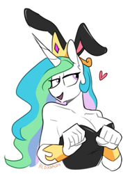 Size: 625x837 | Tagged: safe, artist:redxbacon, princess celestia, alicorn, anthro, adorasexy, bare shoulders, bedroom eyes, breasts, bunny ears, bunny suit, bunnylestia, bust, cleavage, clothes, cute, cutelestia, digital art, female, heart, leotard, mare, playboy bunny, princess breastia, sexy, simple background, smiling, white background